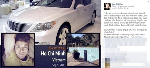 
	
	Cao Thái Sơn cũng tỏ ra "bối rối" khi được một người giấu mặt tìm cách tặng một chiếc xe hơi trị giá lên đến 4 tỷ đồng.